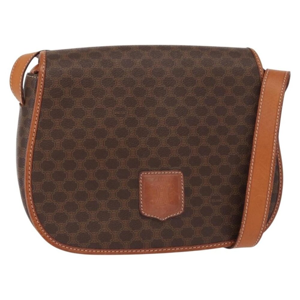 Authentic CELINE Macadam Canvas Shoulder Bag PVC Leather Brown Gold